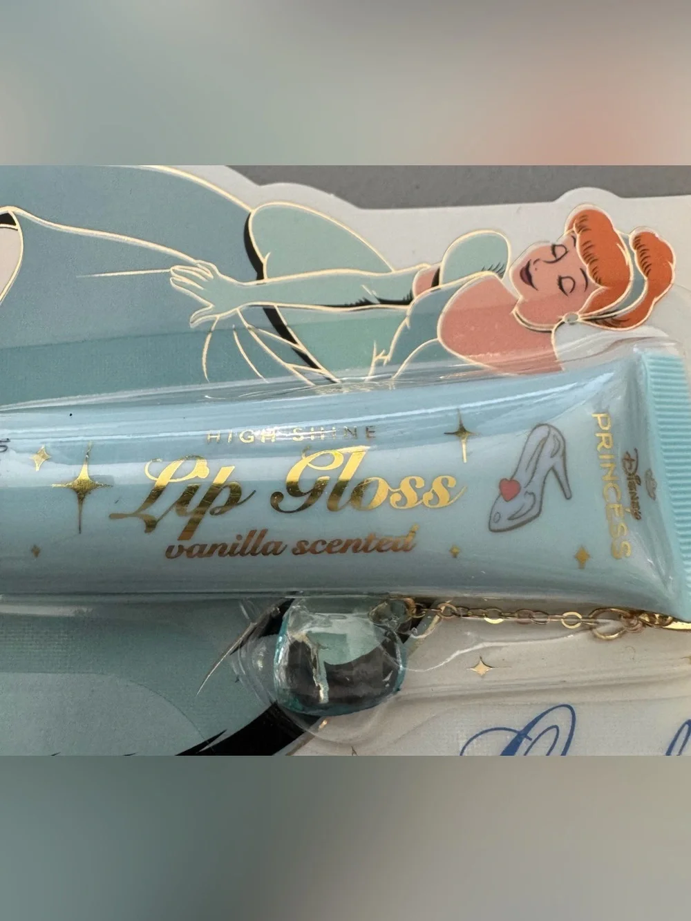 Disney princess Cinderella Light Blue Lip Gloss with heart Charm vanilla scented